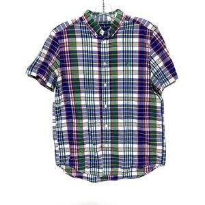 Ralph Lauren Plaid Short Sleeve Button Shirt Sewn Pony Blue Green Boys XL 18-20